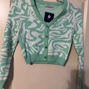 Green and White Cropped Cardigan Sweater